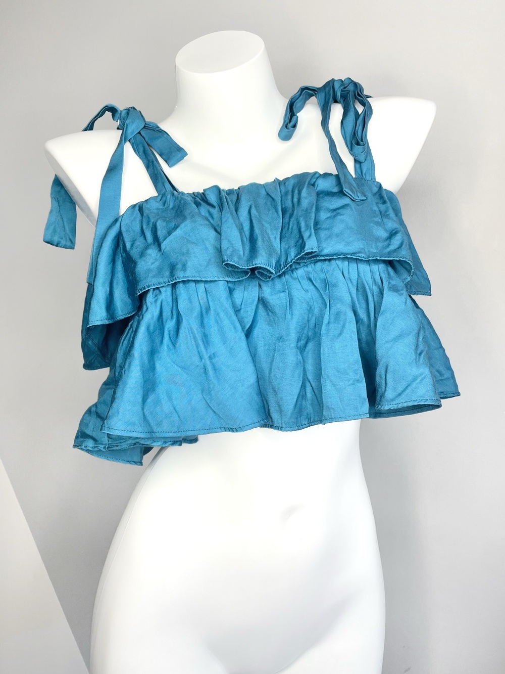 Y2K Blue Tie Bow Straps Ruffle Crop Top